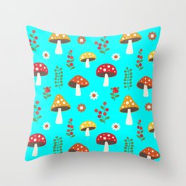 Fungi Finesse: Mushroom Patterns blue Throw Pillow