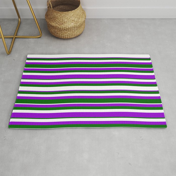 Dark Green, White & Dark Violet Colored Lined Pattern Rug