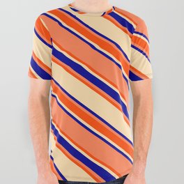 [ Thumbnail: Coral, Red, Tan, and Dark Blue Colored Lines/Stripes Pattern All Over Graphic Tee ]
