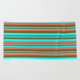 [ Thumbnail: Red, Dark Olive Green & Aqua Colored Lined Pattern Beach Towel ]