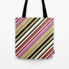 [ Thumbnail: Red, Plum, Green, Black & White Colored Lines Pattern Tote Bag ]
