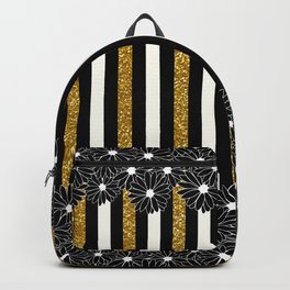 Black Daisies with Gold Glitter Stripes Backpack