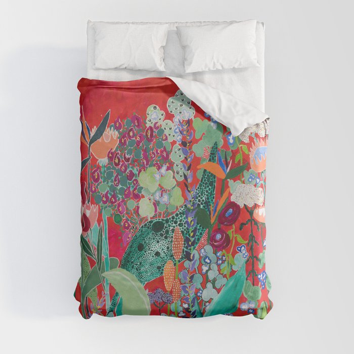 Red floral Jungle Garden Botanical featuring Proteas, Reeds, Eucalyptus, Ferns and Birds of Paradise Duvet Cover