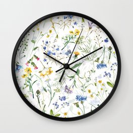 Scandinavian Midsummer Blue And Yellow Wildflowers Meadow  Wall Clock