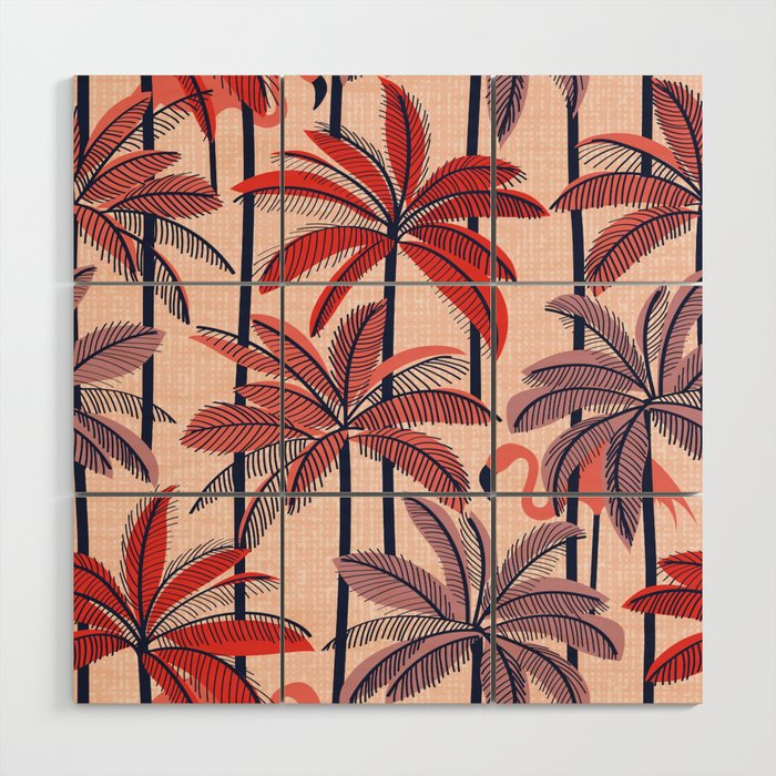 Retro vacation mode // rose background neon red orange shade coral and dry rose palm trees oxford navy blue lines coral flamingos Wood Wall Art