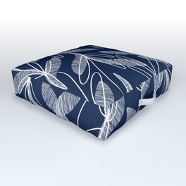 Etched Leaves Botanical Pattern in White and Nautical Navy Blue Outdoor Floor Cushion