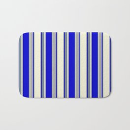 [ Thumbnail: Beige, Dark Grey, Blue, and Slate Gray Colored Pattern of Stripes Bath Mat ]