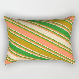 [ Thumbnail: Coral, Tan, Forest Green, and Dark Goldenrod Colored Stripes/Lines Pattern Rectangular Pillow ]