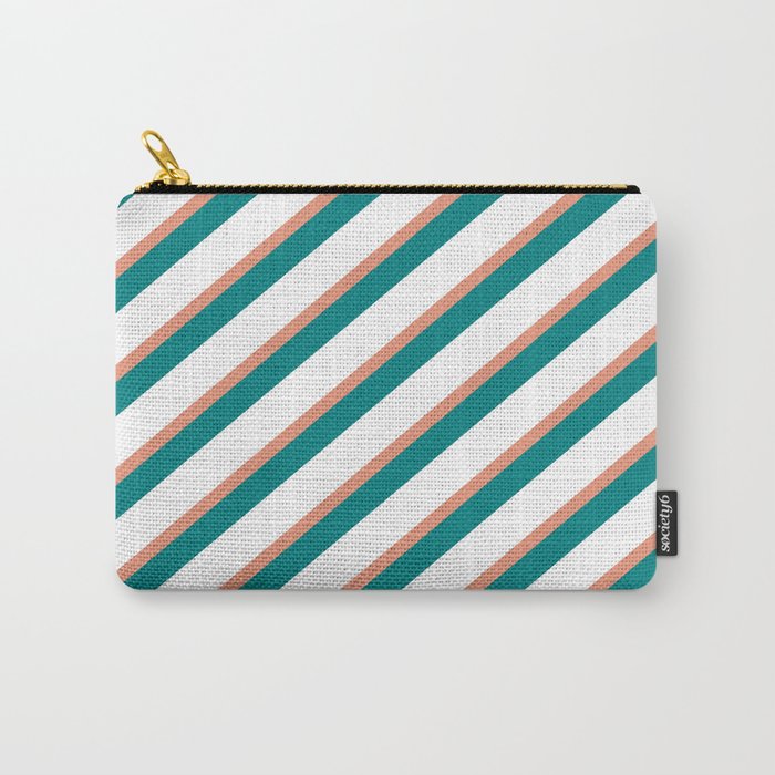 Dark Salmon, Teal & White Colored Lines Pattern Carry-All Pouch