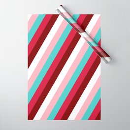 [ Thumbnail: Eye-catching Turquoise, Crimson, Maroon, White & Light Pink Colored Stripes/Lines Pattern Wrapping Paper ]