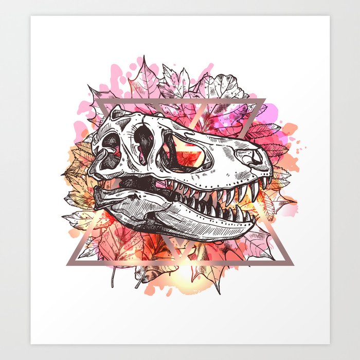T-Rex Skull And Leaves Art Print