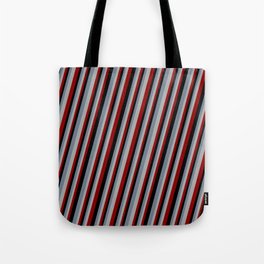 [ Thumbnail: Slate Gray, Dark Gray, Dark Red & Black Colored Stripes Pattern Tote Bag ]