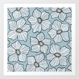 White Anemone - Blue Art Print