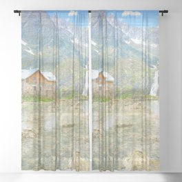 mountain cabin impressionism painted realistic scene Sheer Curtain