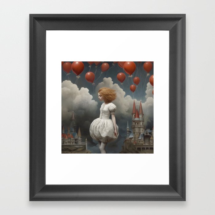 Red balloons, redhead girl, clouds and castles Framed Art Print