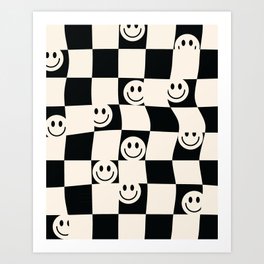 Checker Board Grid Smiley 2 in Black and Beige Art Print