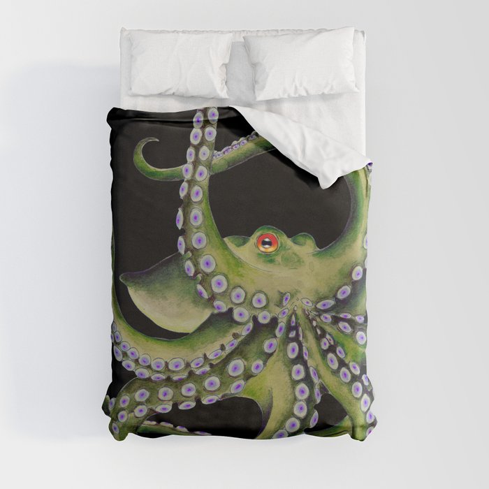 Green Octopus Tentacles Dance Black Watercolor Ink Duvet Cover