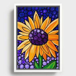 Orange Sunflower Purple Sky Flower Art - Basking Framed Canvas