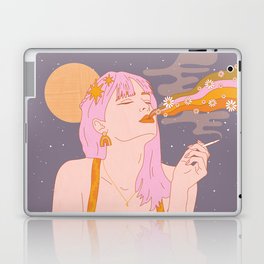 Woman Smoking Daisy Flowers Laptop & iPad Skin | Graphicdesign, Female, Smoke, Flowers, Cigarette, Wavy, Floral, Night, Hippie, Hair 