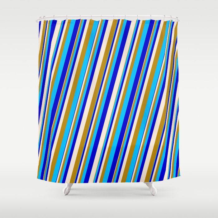 Beige, Dark Goldenrod, Deep Sky Blue & Blue Colored Stripes Pattern Shower Curtain