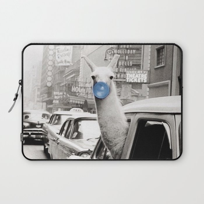 Yummy Blue Bubble Gum Llama taking a New York Taxi black and white photography Laptop Sleeve