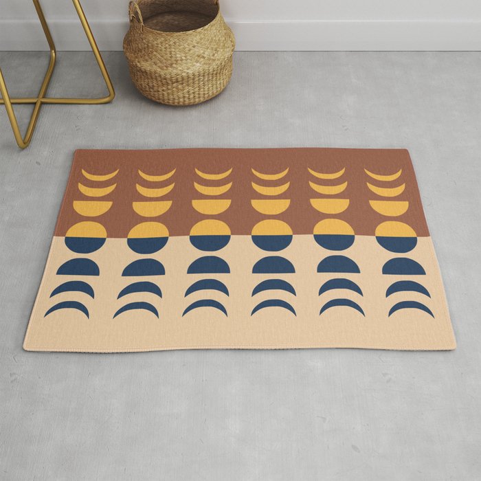 Moon Phases 7 in Shades of Terracotta Beige Gold Navy Blue Rug