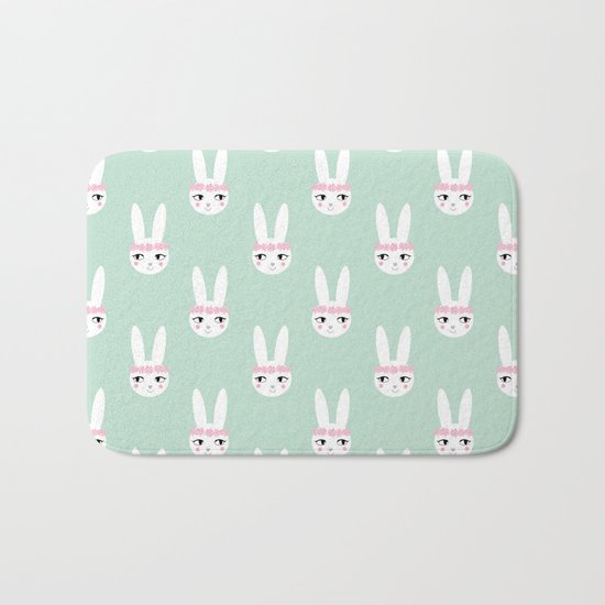Bunny Rabbit mint spring cute character illustration nursery kids minimal floral crown Bath Mat