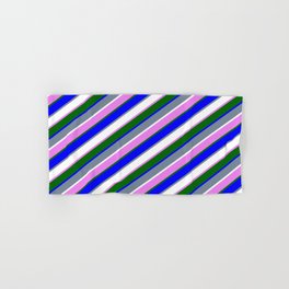 [ Thumbnail: Light Slate Gray, White, Violet, Dark Green & Blue Colored Stripes Pattern Hand & Bath Towel ]