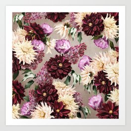 Bouquets of dahlias, tulips and lilac Art Print