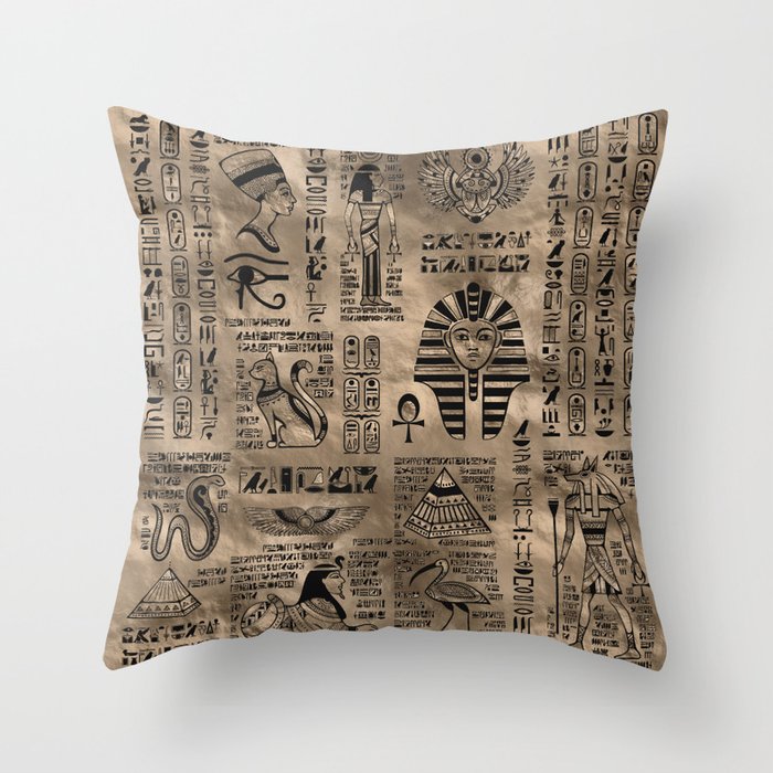 Egyptian hieroglyphs and deities - Luxury Gold Throw Pillow