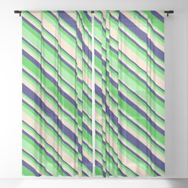 [ Thumbnail: Lime Green, Light Green, Bisque, and Midnight Blue Colored Lined Pattern Sheer Curtain ]