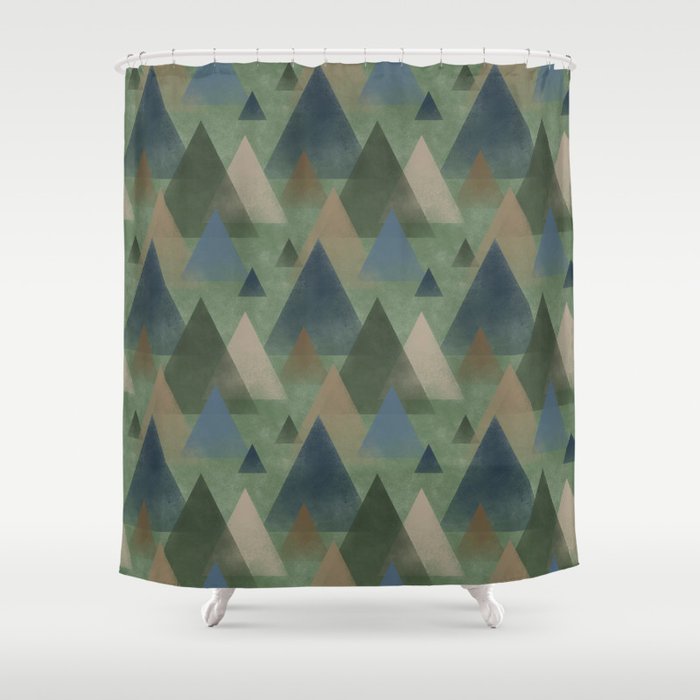 Abstract Misty Mountains, Pine, Slate Blue, Tan and Beige Shower Curtain