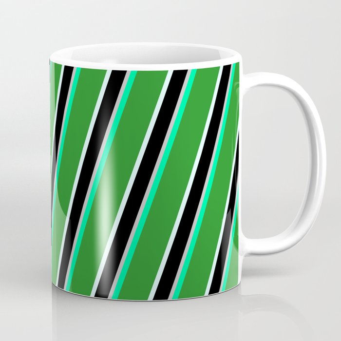 Colorful Green, Forest Green, Light Cyan, Black & Grey Colored Lined Pattern Coffee Mug