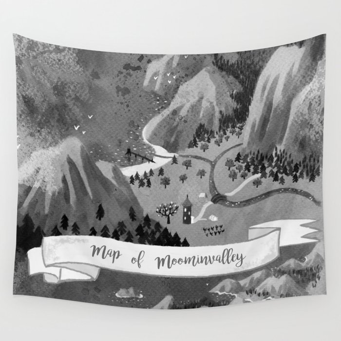 Moominvalley Map interpretation (Black & White) Wall Tapestry