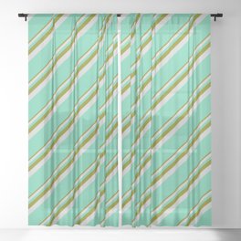[ Thumbnail: Green, Light Grey & Aquamarine Colored Lined Pattern Sheer Curtain ]