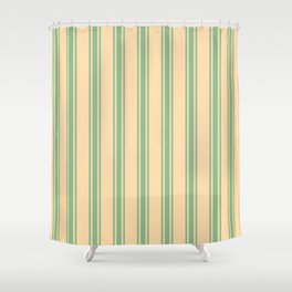 [ Thumbnail: Tan and Dark Sea Green Colored Lined Pattern Shower Curtain ]