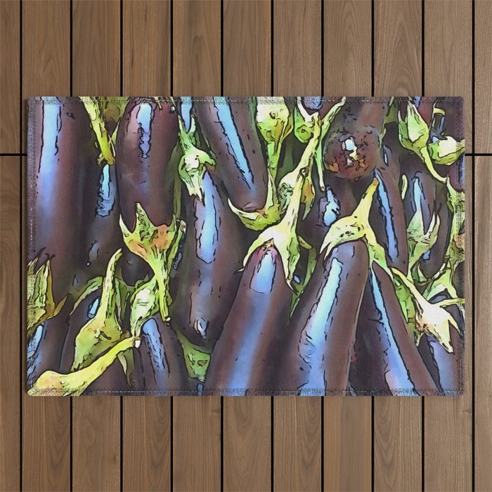Artistic Eggplants Black Outline Art Outdoor Rug