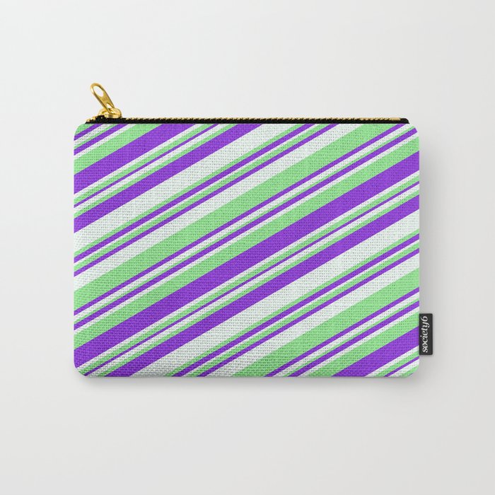 Purple, Mint Cream & Light Green Colored Striped Pattern Carry-All Pouch