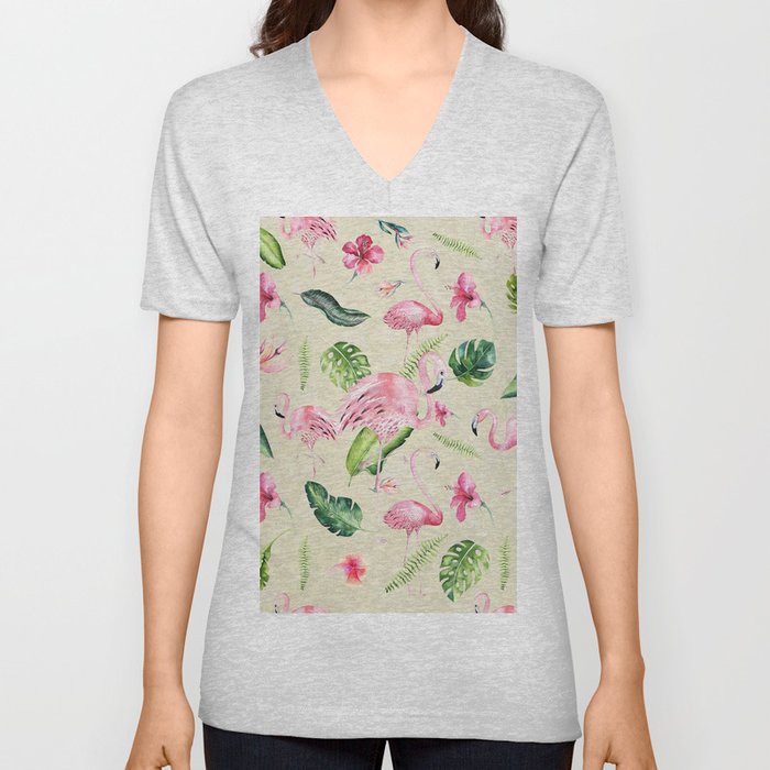 Tropical pink green ivory watercolor flamingo floral V Neck T Shirt