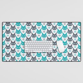 Mid-century Modern Abstract Cat Pattern, Vintage Cats in Dark Gray and Teal Blue Color Desk Mat