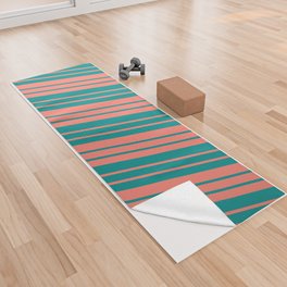[ Thumbnail: Salmon and Dark Cyan Colored Lined/Striped Pattern Yoga Towel ]