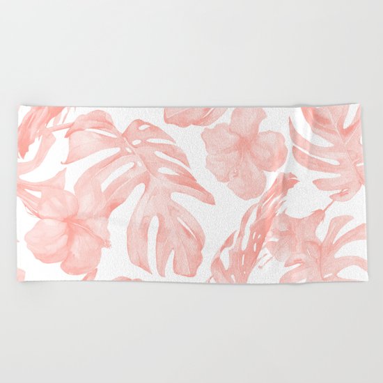Tropical Palm Leaves Hibiscus Flowers Coral Pink Beach Towel
