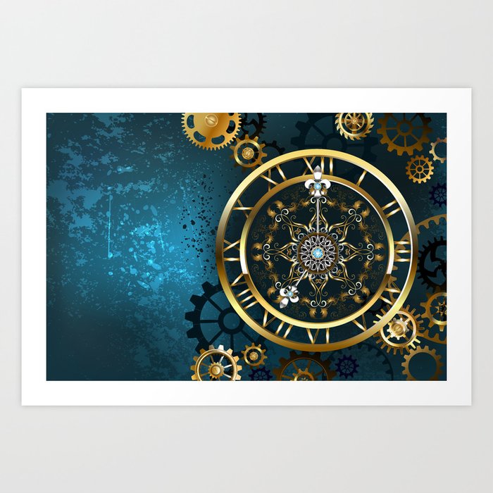 Steampunk Golden Clock on Turquoise Background Art Print