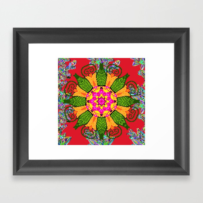 Colored round floral mandala on a red, green and yellow colors. Vintage illustration.  Framed Art Print