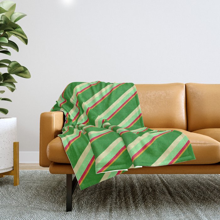 Forest Green, Pale Goldenrod, Light Green, Crimson, and Goldenrod Colored Pattern of Stripes Throw Blanket