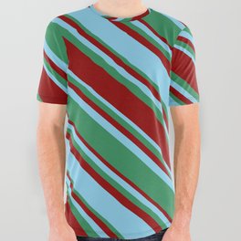 [ Thumbnail: Sky Blue, Sea Green, and Dark Red Colored Lined/Striped Pattern All Over Graphic Tee ]
