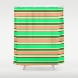 [ Thumbnail: Green, Beige, Light Salmon & Dark Olive Green Colored Stripes Pattern Shower Curtain ]