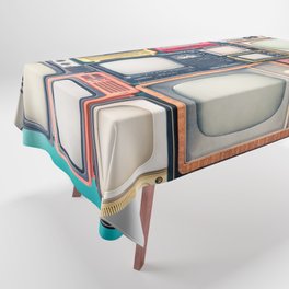 Retro TV receivers set from circa 60s, 70s and 80s of XX century, old wooden television stand with amplifier front mint blue wall background. Broadcasting, news concept. Vintage style filtered photo Tablecloth