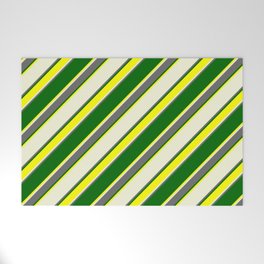 [ Thumbnail: Beige, Dim Gray, Dark Green & Yellow Colored Lined Pattern Welcome Mat ]