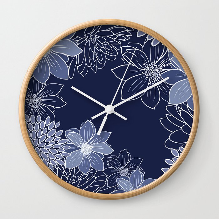 Floral Blooms and Line Art Flowers in Navy Blue Wall Clock